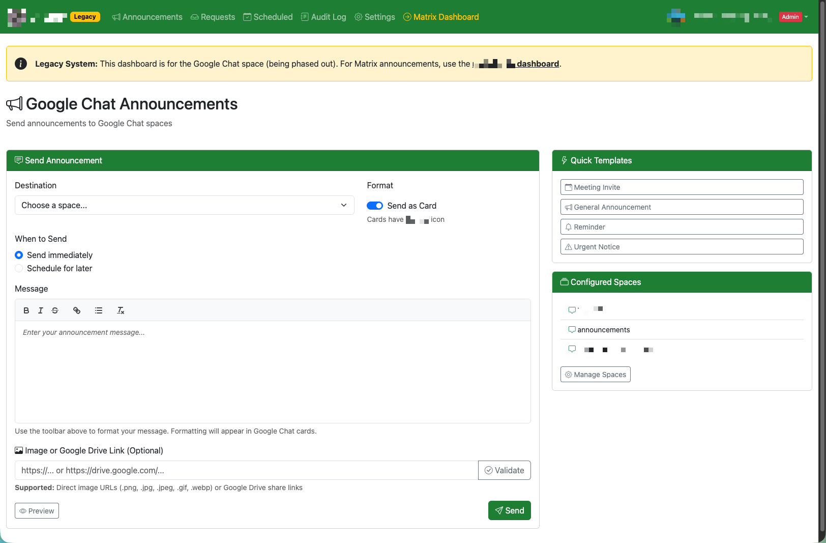 Google Chat announcement interface showing message composer with card formatting, quick templates, and configured spaces