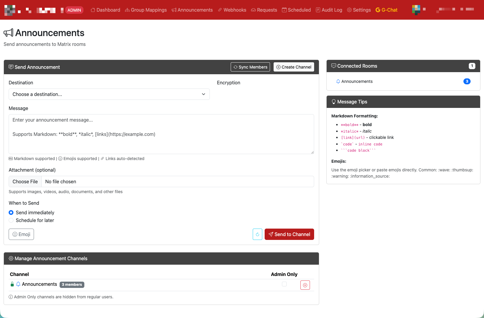 Matrix announcement interface showing markdown editor with channel management and connected rooms