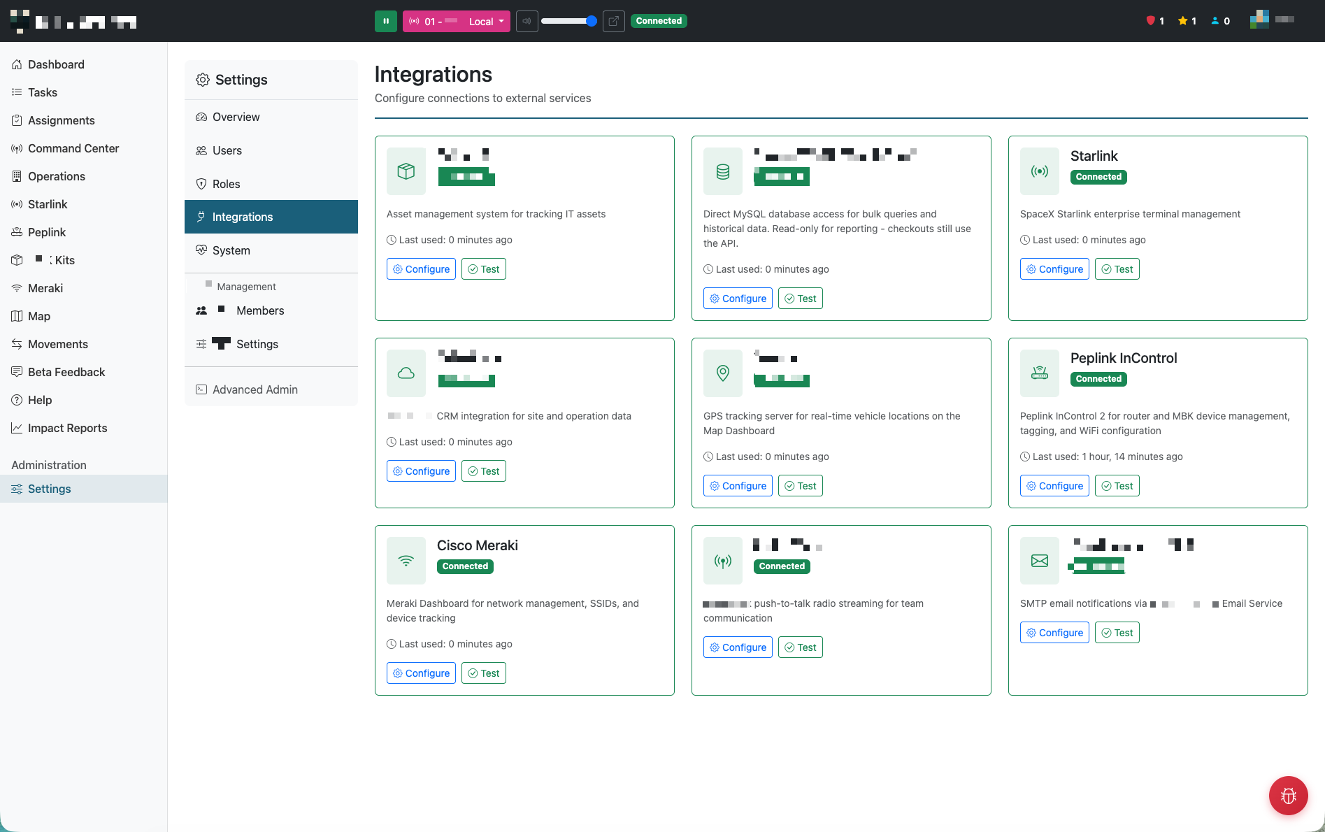 Integrations settings page showing connected services including asset management, satellite internet, CRM, GPS tracking, and network management