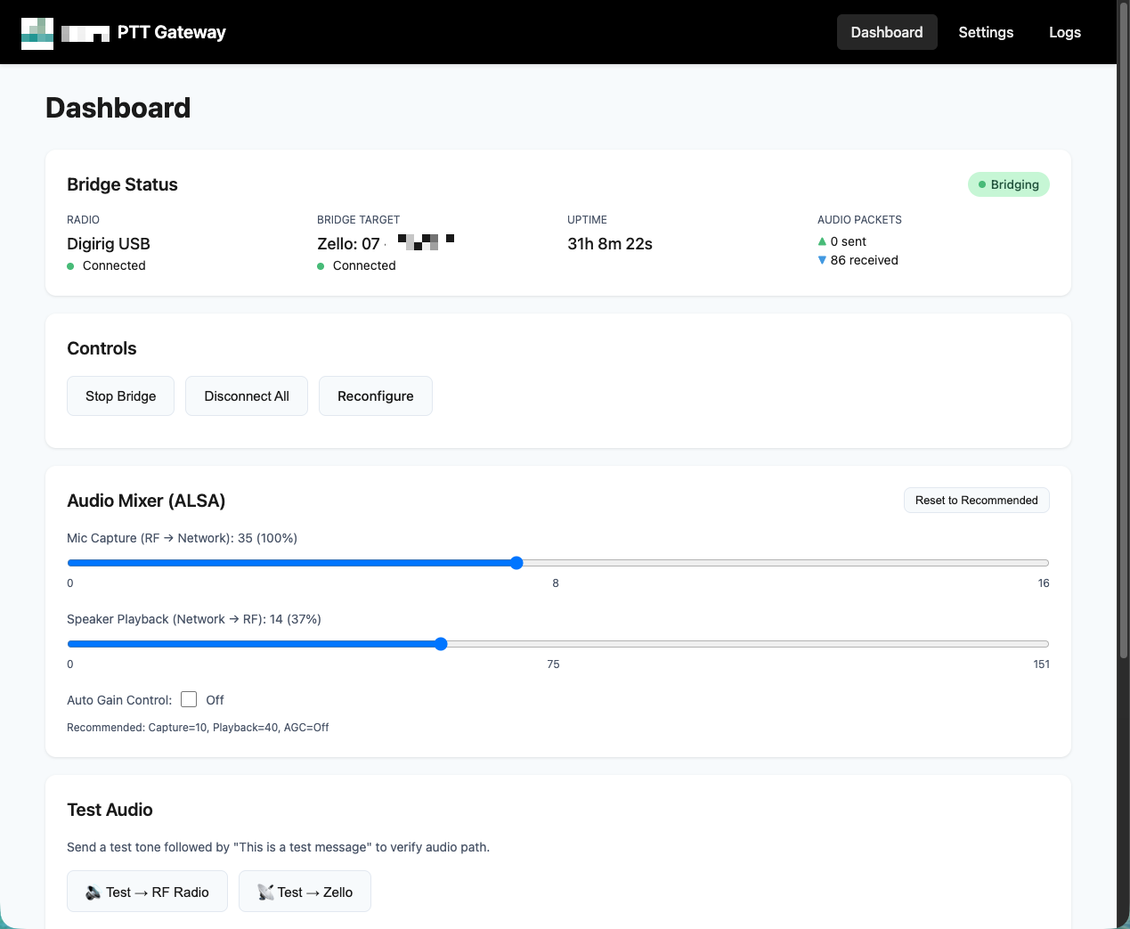 piGateway dashboard showing bridge status with radio and Zello connection, uptime counter, audio packet statistics, ALSA mixer controls, and test audio buttons