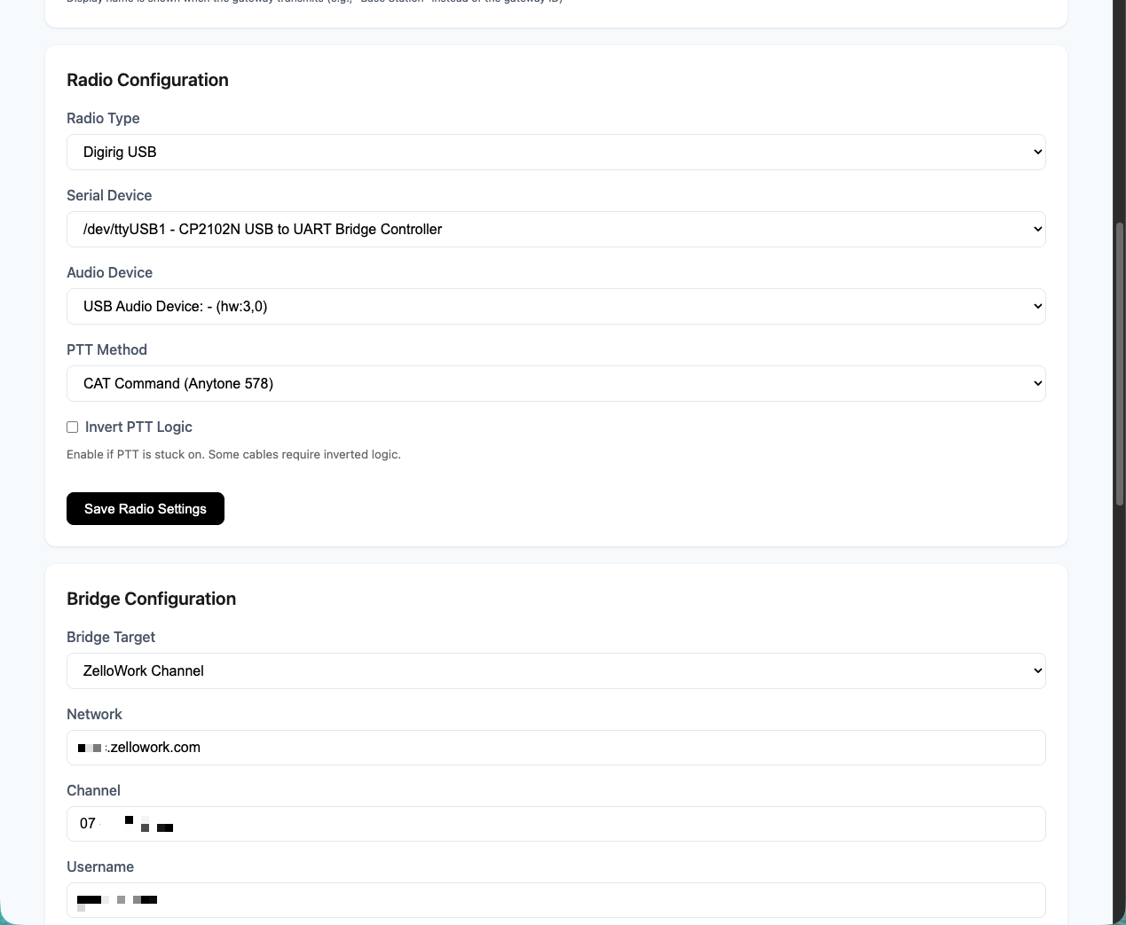 Radio configuration settings showing Digirig USB selection, serial device, audio device, PTT method with CAT command, and bridge target configuration for ZelloWork