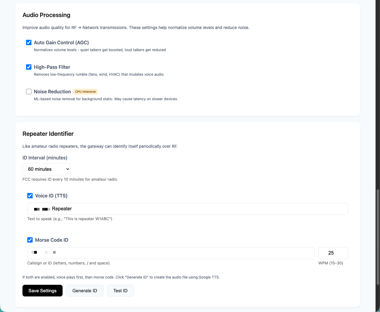 Audio processing settings with AGC, high-pass filter, and noise reduction toggles, plus repeater identifier configuration with voice TTS and morse code options